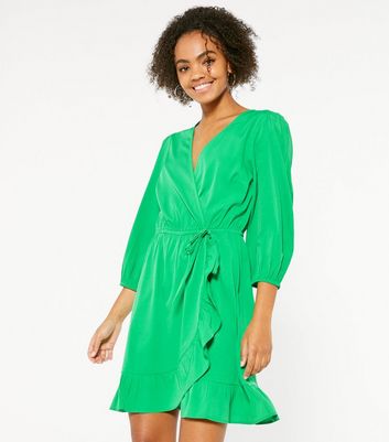 Green Ruffle Wrap Mini Dress | New Look